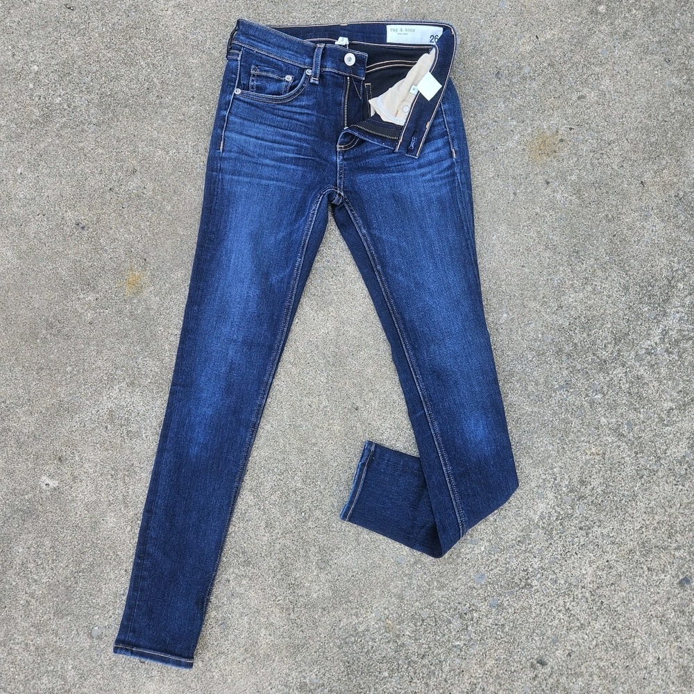 Rag & Bone Mid Rise Ankle Skinny 26 Jeans Dark Wash Faded 27.5‎ Inseam Bloo Moon